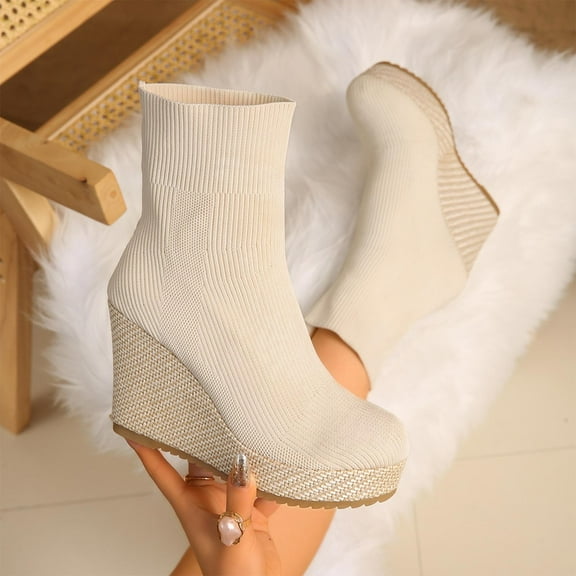 Viluyesy Womens Sock Boots, Breathable Comfortable Mid-Calf Thick Sole Wedge Heels 2025 Fall Winter Boots Beige US6