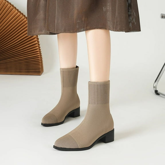 Viluyesy Womens Sock Boots, Chunky Heels Stretch Pull-On Pointed Toe Fall Winter Mid Calf Boots Khaki US9