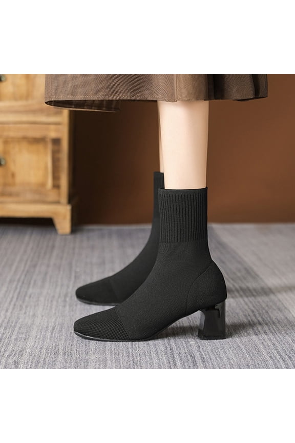 Womens Sock Boots, Pointed Toe Stretch Pull-On Chunky Heels Fall Winter Mid Calf Dress Boots Black US7