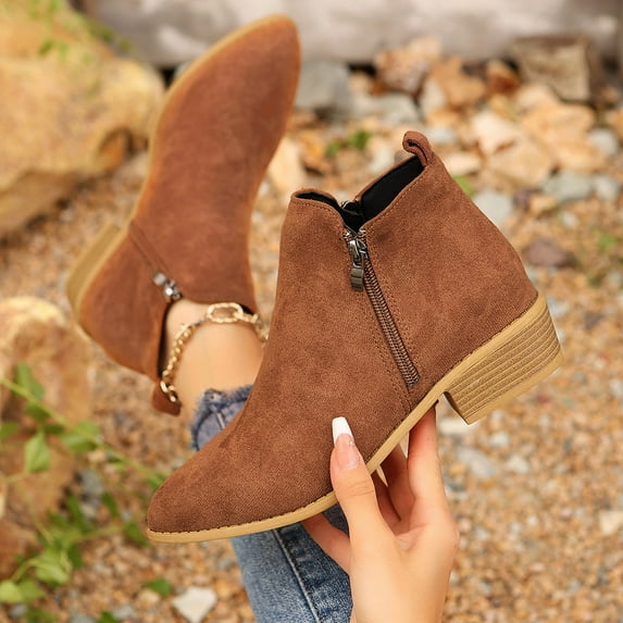 Viluyesy Womens Suede Booties, Chunky Low Heels Pointed Toe Side Zipper Wide Width Ankle Boots Brown US9