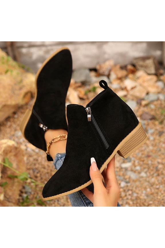 Womens Suede Booties, Pointed Toe Chunky Low Heels Side Zipper Wide Width Ankle Boots Black US9.5