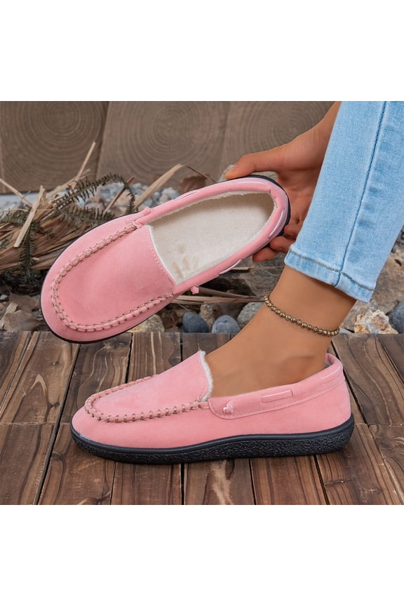 Womens Suede Loafers, Fleece Lining Round Toe Soft Sole Shallow Comfort Flats Shoes Pink US7.5