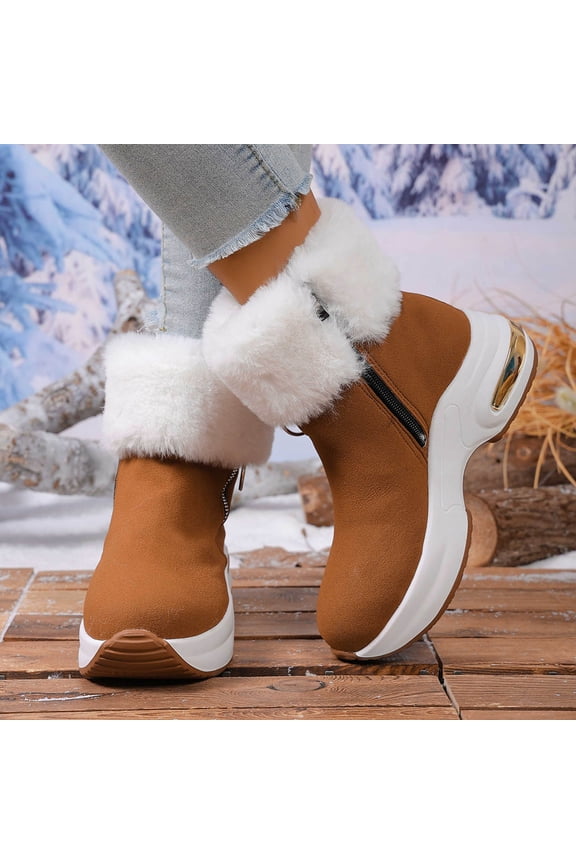 Womens Suede Snow Boots, Faux Fur Lined Anti-Slip Thick Sole Zipper Winter Warm Collar Outdoor Boots Brown US6