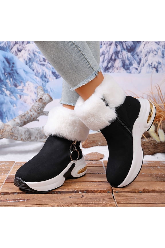 Womens Suede Snow Boots, Faux Fur Lined Zipper Anti-Slip Thick Sole Winter Warm Collar Outdoor Boots Black US8.5