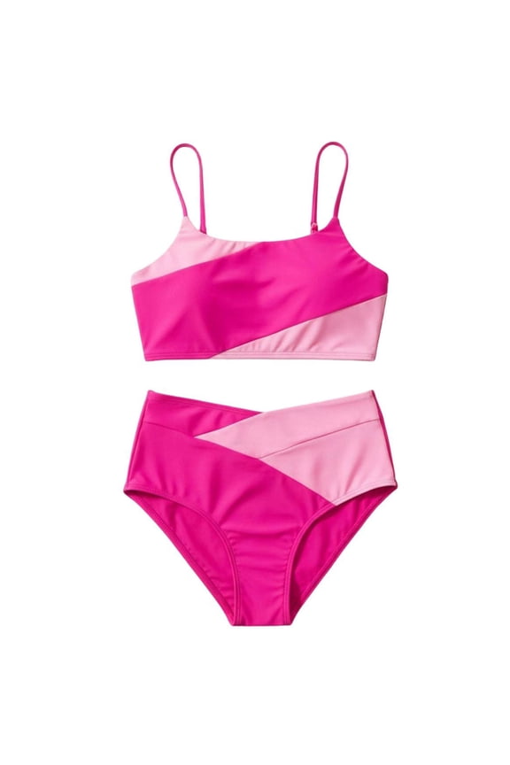 Womens Swimsuits 2-Piece, Color Block Tummy Control High Waisted Summer Beach Bathing Suits Pink M