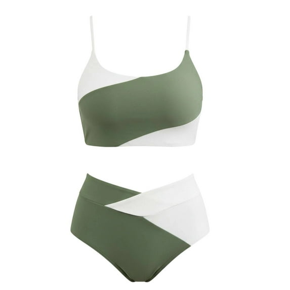 Viluyesy Womens Swimsuits 2-Piece, High Waisted Color Block Tummy Control Summer Beach Bathing Suits Green L