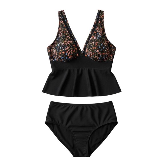Viluyesy Womens Swimsuits 2-Piece, Prints V Neck Ruffles Tankini and High Waist Swim Bottom Beach Bathing Suits Black XL