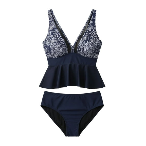 Viluyesy Womens Swimsuits 2-Piece, Prints V Neck Ruffles Tankini and High Waist Swim Bottom Beach Bathing Suits Blue S