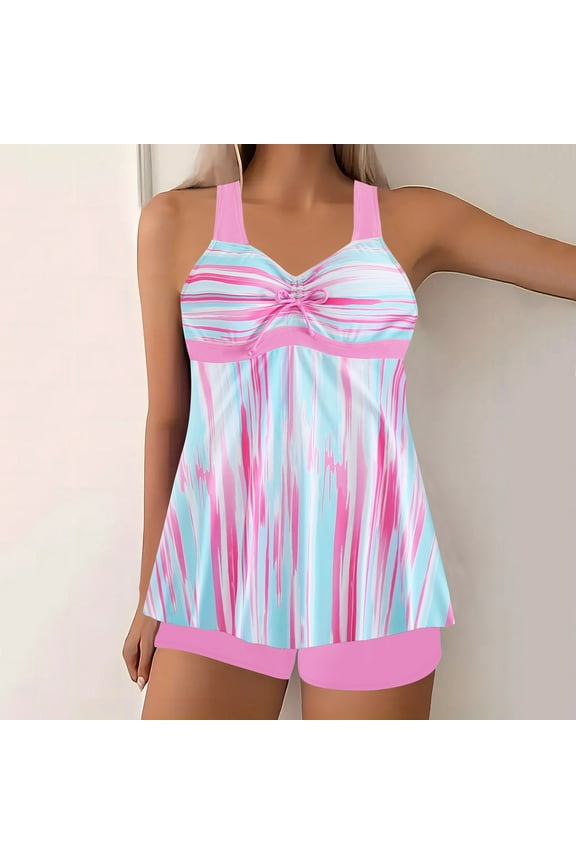 Womens Swimsuits 2-Piece, Tankini Ruffles Tops with Boyshort Swimwear Plus Size Bathing Suits Pink 5XL