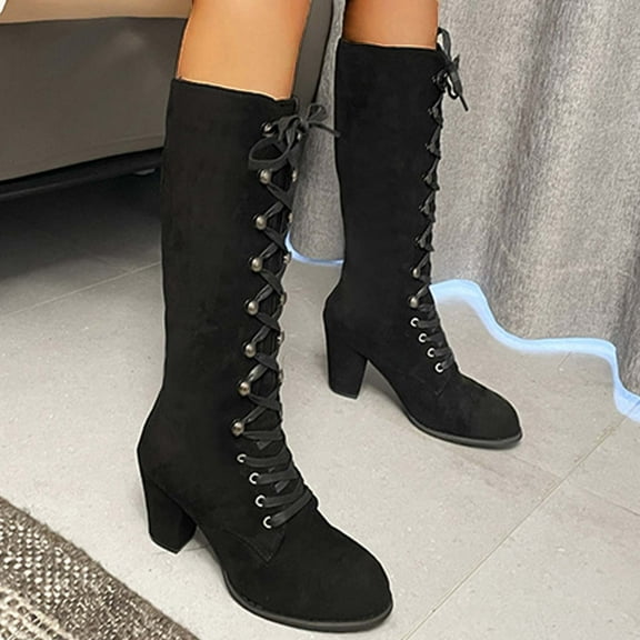 Viluyesy Womens Tall Boots, High Block Heels Lace-Up Fashion Dress Fall Winter Knee High Boots Black US7