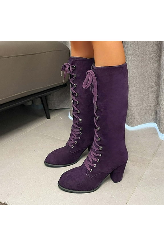 Womens Tall Boots, High Block Heels Lace-Up Fashion Dress Fall Winter Knee High Boots Purple US8.5