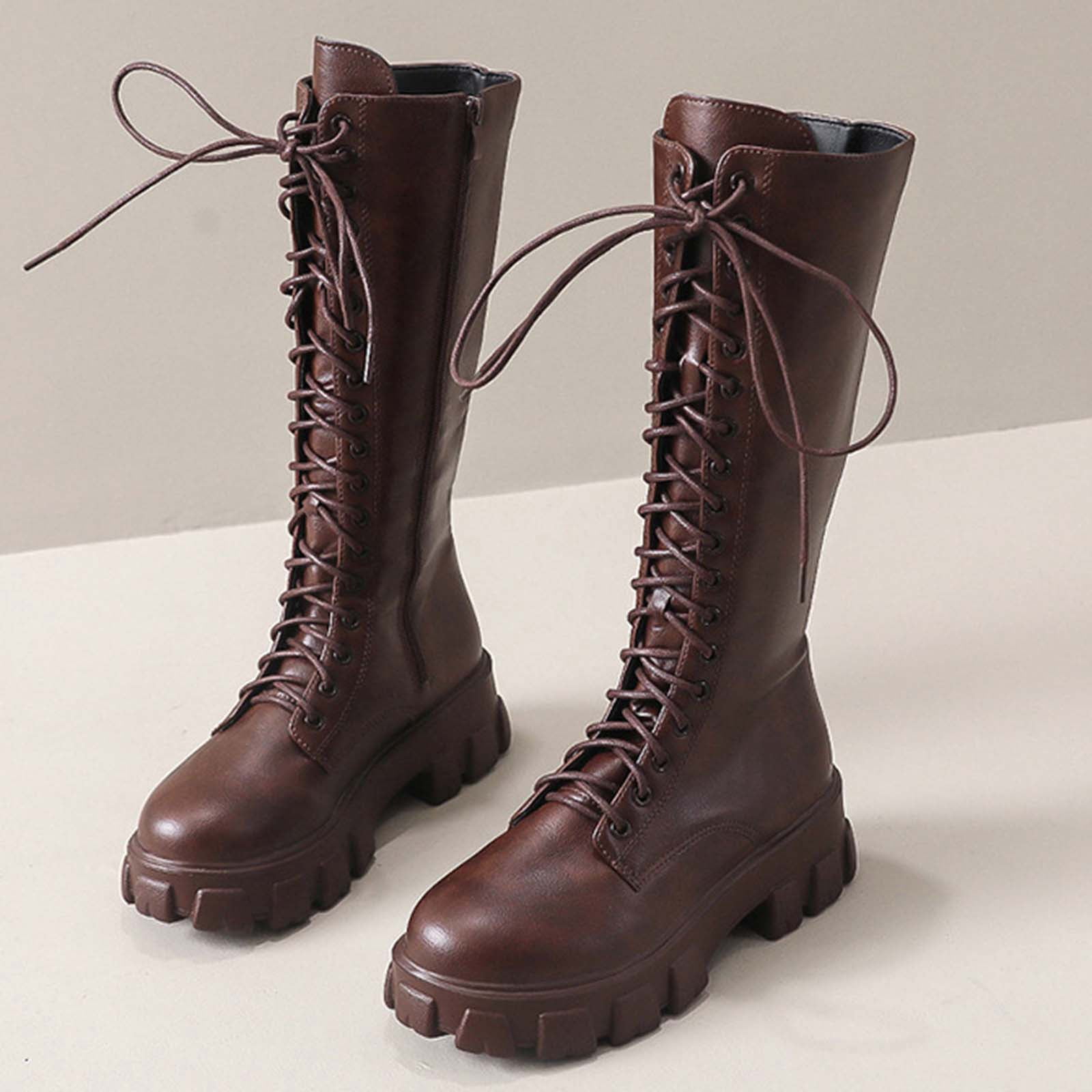 Viluyesy Womens Tall Boots, Lace Up Zipper Thick Sole Knee High