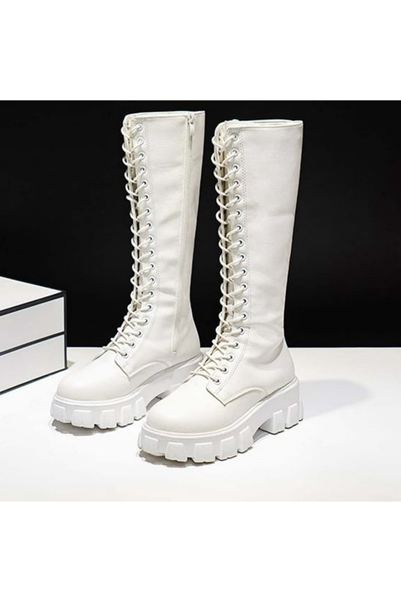 Womens Tall Boots, Lace Up Zipper Thick Sole Knee High Shoes Fashion Combat Moto Boots White US8.5