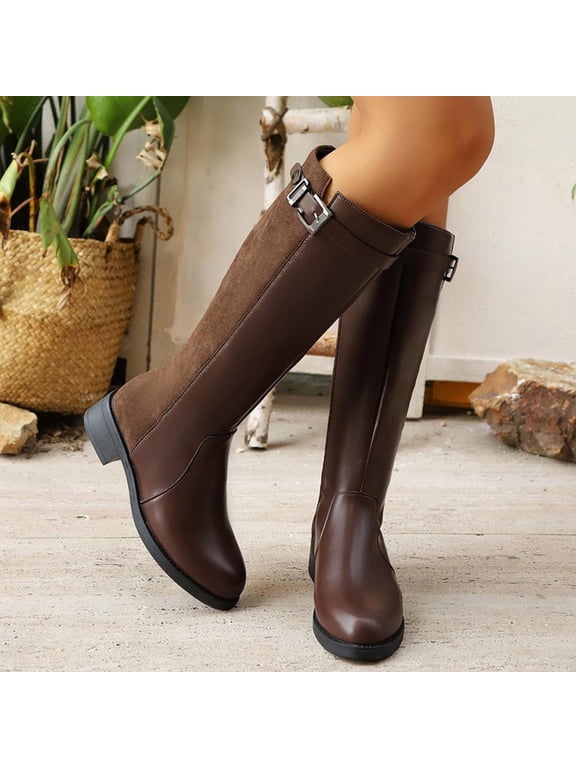Womens Tall Boots, Round Toe Zip-Up Low Heels Comfort Fall Winter Knee High Boots Brown US6