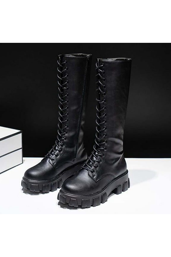 Womens Tall Boots, Thick Sole Knee High Shoes Lace Up Zipper Fashion Combat Moto Boots Black US5.5