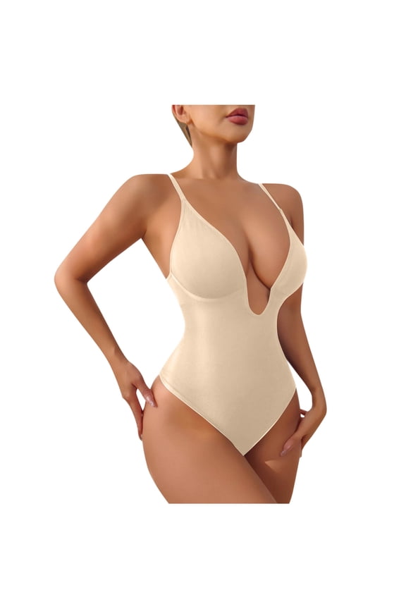 Womens Thong Bodysuit, Deep V-Neck Seamless Slimming Fit Adjustable Strap Comfort Compression Shapewear Beige 2XL