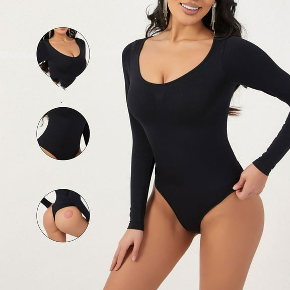 Viluyesy Womens Thong Shapewear, Seamless Tummy Control Long Sleeve Tight Fit Yogo Trainer Bodysuit Black M