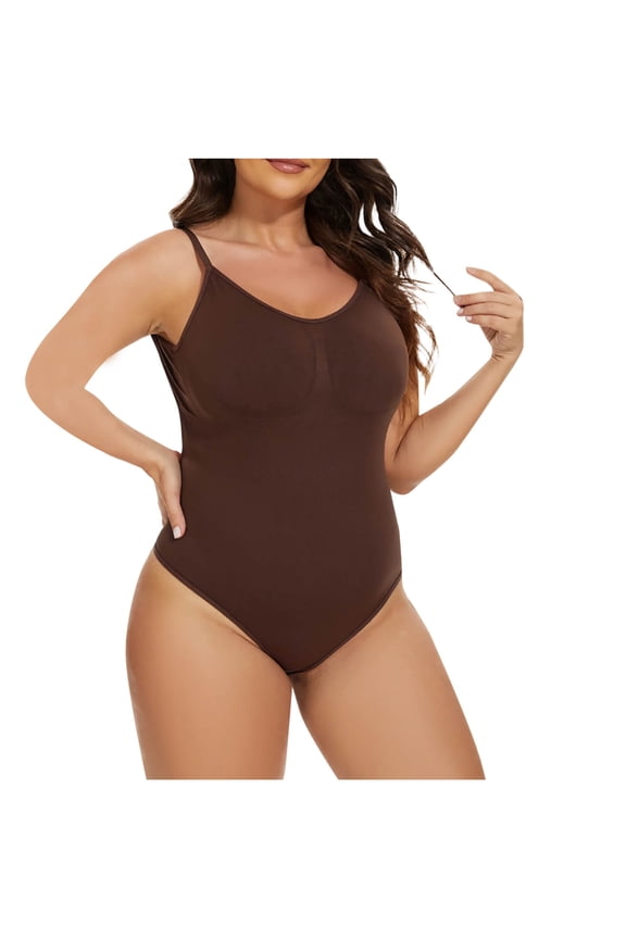 Womens Thong Shapewear, Tight Fit Backless Scoop Neck Everyday Seamless Sculpting Bodysuit Brown 2XL