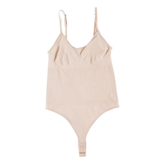 Viluyesy Womens Thong Shapewear, Tummy Control Adjustable Strap V Neck Seamless Comfortable Fit Bodysuit Beige L