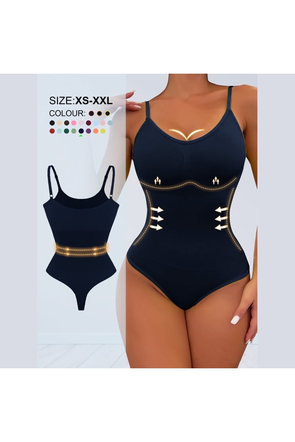 Womens Thong Shapewear, Tummy Control Tight Fit Seamless Shaper Bra Compression Support Bodysuit Dark Blue XS