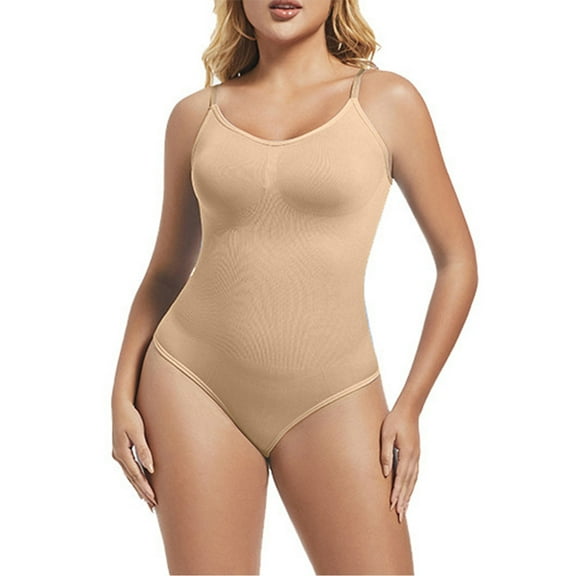 Viluyesy Womens Thong Shapewear, Tummy Control Tight Fit Seamless Yogo Trainer Bodysuit Beige L