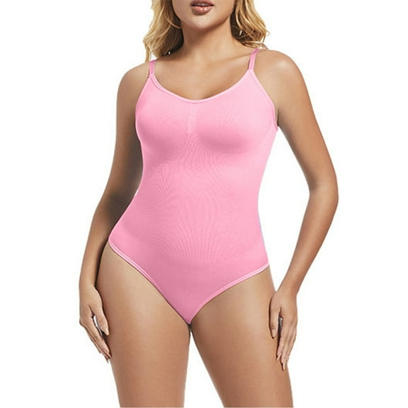 Viluyesy Womens Thong Shapewear, Tummy Control Tight Fit Seamless Yogo Trainer Bodysuit Pink XL