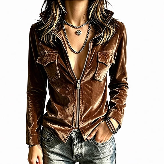 Viluyesy Womens Velvet Jacket Zip Up Long Sleeve Collared Casual Fashion Coat Brown Size S