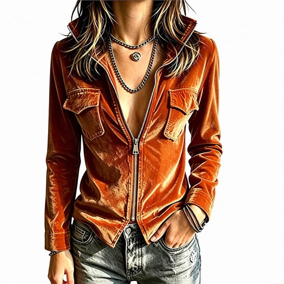 Viluyesy Womens Velvet Jacket Zip Up Long Sleeve Collared Casual Fashion Coat Orange Size XL