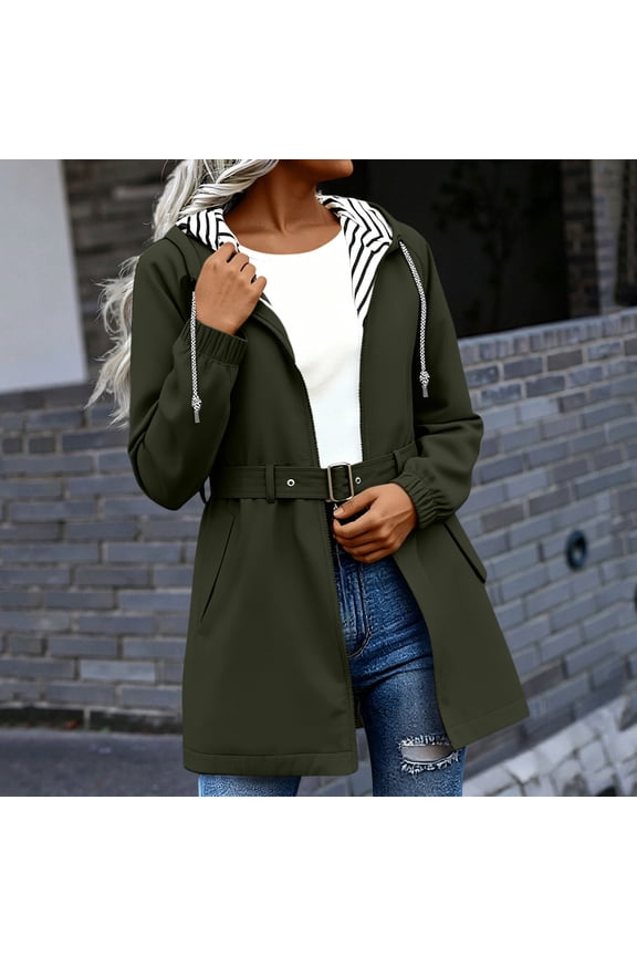 Womens Waterproof Jacket Belted Waist Midi Length Striped Lined Hooded Windbreaker Coat Army Green Size S