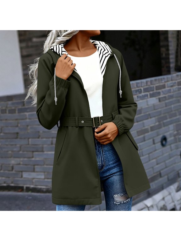 Womens Waterproof Jacket Belted Waist Midi Length Striped Lined Hooded Windbreaker Coat Army Green Size S