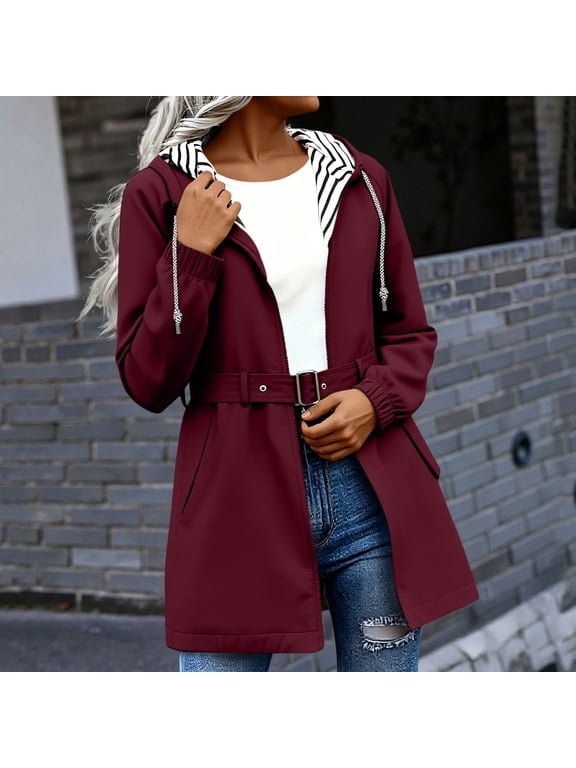 Womens Waterproof Jacket Belted Waist Midi Length Striped Lined Hooded Windbreaker Coat Wine Size M