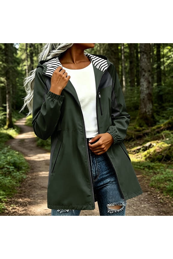 Womens Waterproof Jacket Color Block Midi Length Lined Hooded Windbreaker Outdoor Coat Army Green Size 2XL