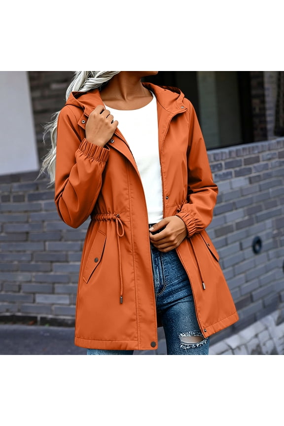 Womens Waterproof Jacket Drawstring Waist Midi Length Hooded Windbreaker Outdoor Coat Orange Size L