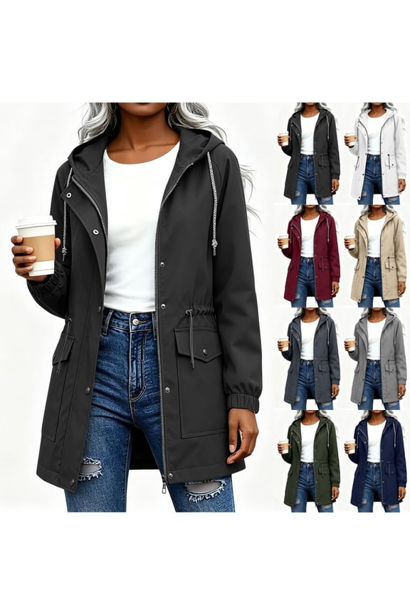 Womens Waterproof Jacket Drawstring Waist Midi Length Hooded Windbreaker with Pockets Black Size M
