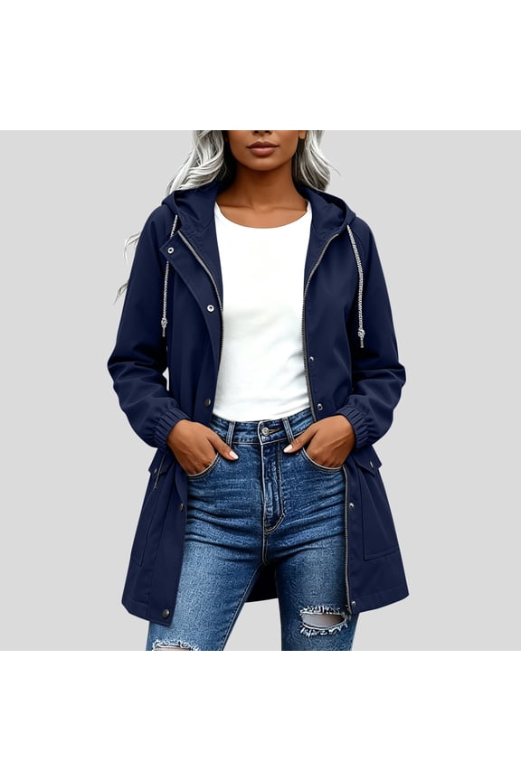 Womens Waterproof Jacket Drawstring Waist Midi Length Hooded Windbreaker with Pockets Navy Size 2XL