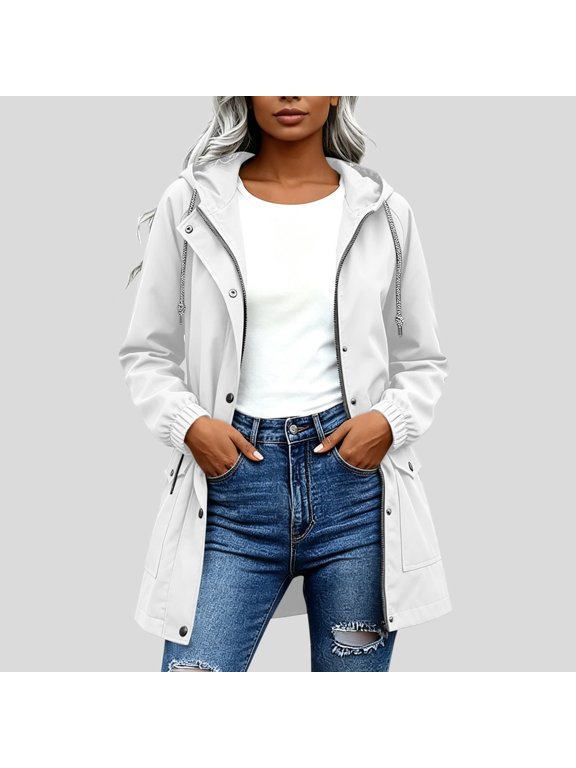 Womens Waterproof Jacket Drawstring Waist Midi Length Hooded Windbreaker with Pockets White Size XL