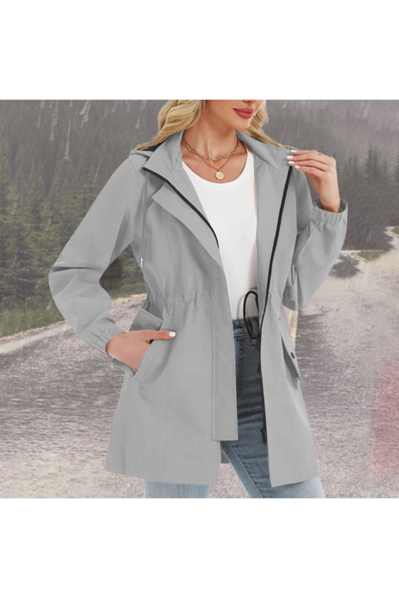 Womens Waterproof Jacket Hooded Midi Length Drawstring Waist Windbreaker Outdoor Coat Gray Size L