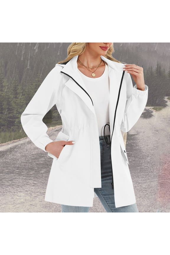 Womens Waterproof Jacket Hooded Midi Length Drawstring Waist Windbreaker Outdoor Coat White Size S