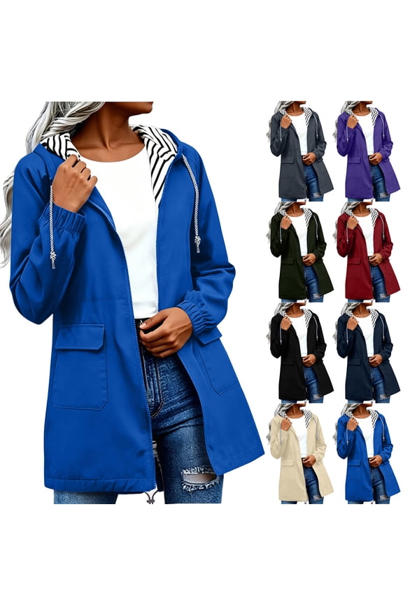 Womens Waterproof Jacket Hooded Midi Length Lined Windbreaker Hiking Travel Coat Blue Size XL