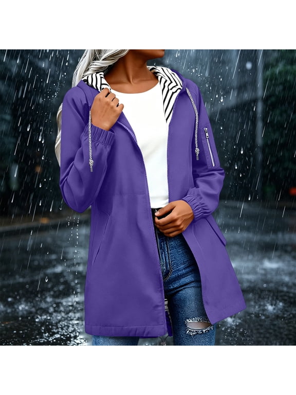 Womens Waterproof Jacket Hooded Midi Length Lined Windbreaker Hiking Travel Coat with Pockets Purple Size XL