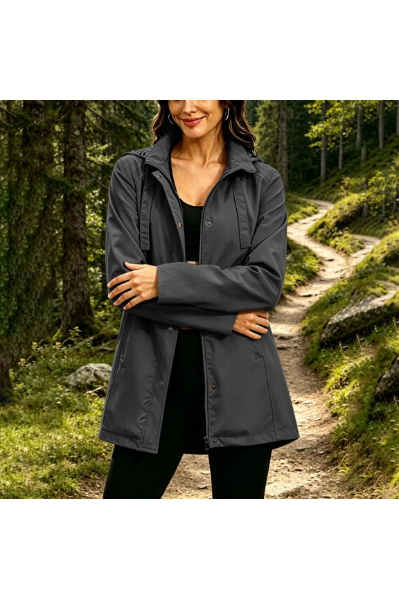 Womens Waterproof Jacket Hooded Midi Length Windbreaker with Pockets Casual Coat Dark Gray Size L
