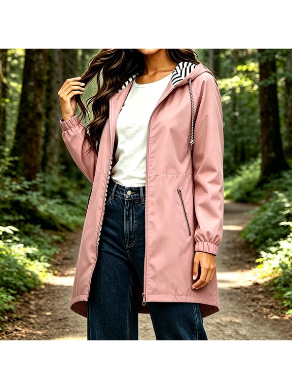 Womens Waterproof Jacket Hooded Striped Lined Midi Length Windbreaker Outdoor Coat Pink Size S