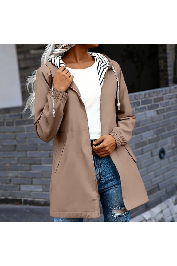 Womens Waterproof Jacket Midi Length Striped Lined Hooded Windbreaker Coat with Pockets Coffee Size S