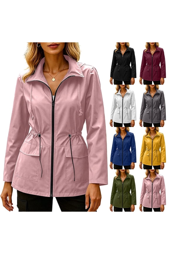 Womens Waterproof Jacket Stand Collar Drawstring Waist Windbreaker with Pockets Coat Pink Size M