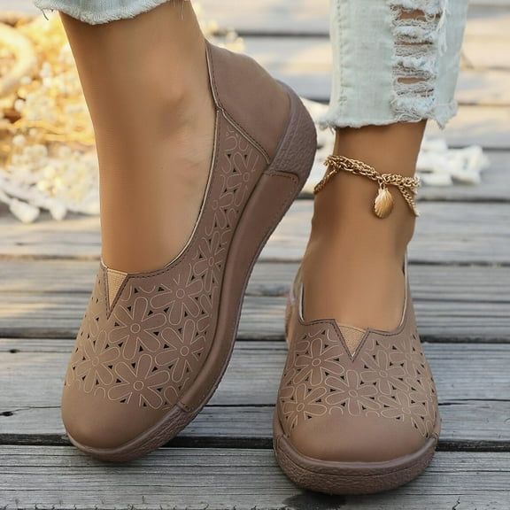Viluyesy Womens Wedge Flats, Round Toe Shallow Soft Sole Casual Slip-On Comfort Shoes Brown