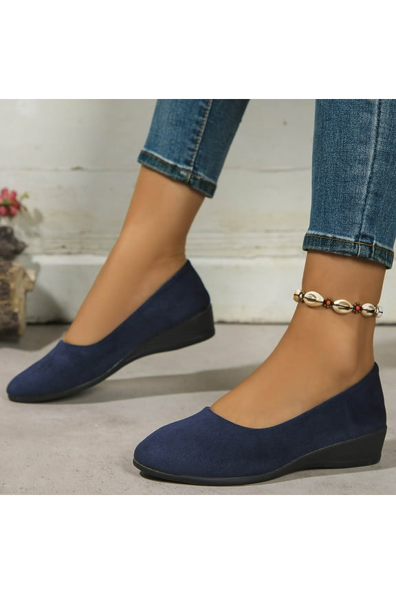 Womens Wedge Flats, Shallow Comfort Suede Wide Width Round Toe Casual Office Work Slip-On Shoes Blue