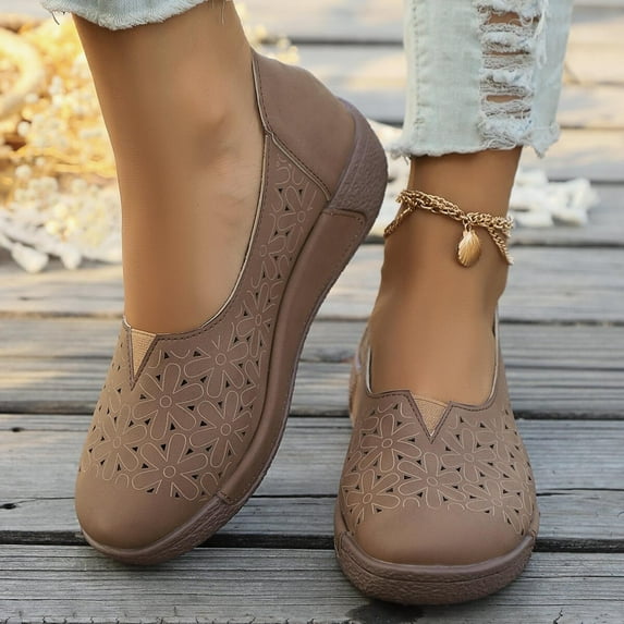 Viluyesy Womens Wedge Flats, Shallow Soft Sole Round Toe Casual Slip-On Comfort Shoes Brown