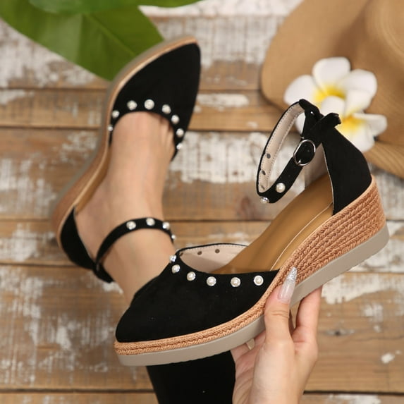 Viluyesy Womens Wedge Sandals, 2026 Dressy Ankle Strap Pointed Close Toe Espadrilles Platform Shoes Black US7.5