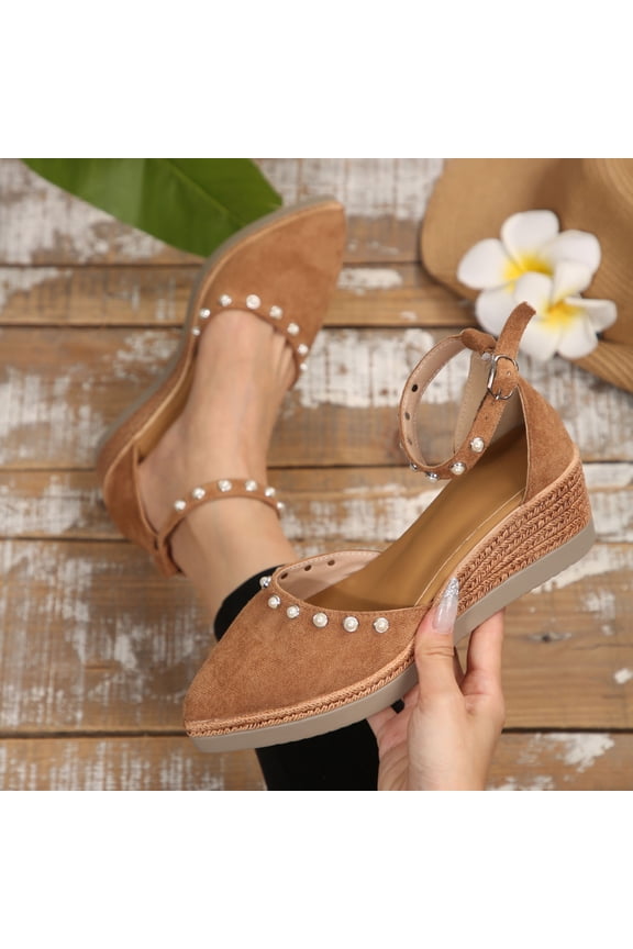 Womens Wedge Sandals, 2026 Dressy Ankle Strap Pointed Close Toe Espadrilles Platform Shoes Brown US6