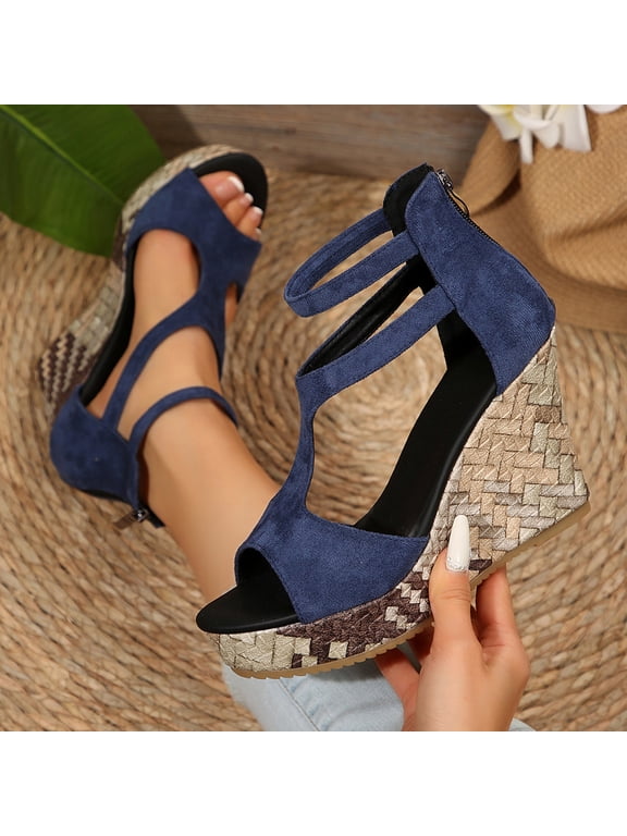 Womens Wedge Sandals, Back Zipper Suede 2026 Peep Toe Fashion Dressy Platform Shoes Blue US9